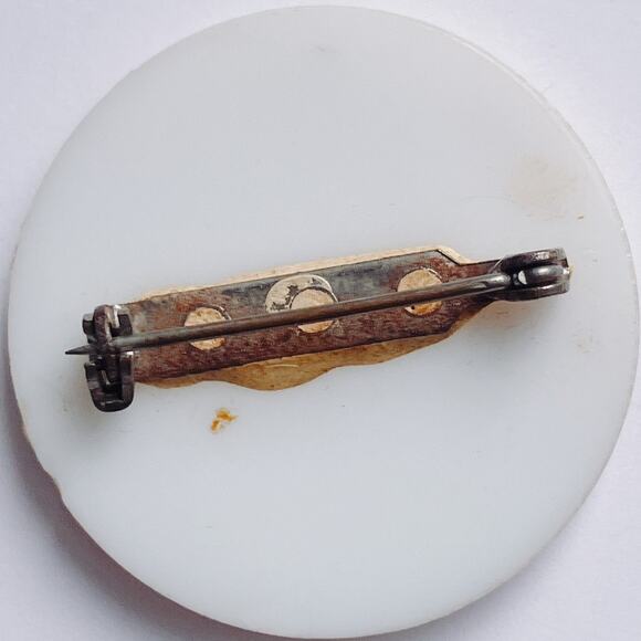 VTG 60s Brooch Glazed Ceramic Floral Transfer Basket of Flowers Mid Century Pin - Picture 8 of 9